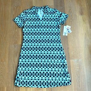 NWT. Lulu-B women’s dress. graphic design. Navy background, aqua/white circles.